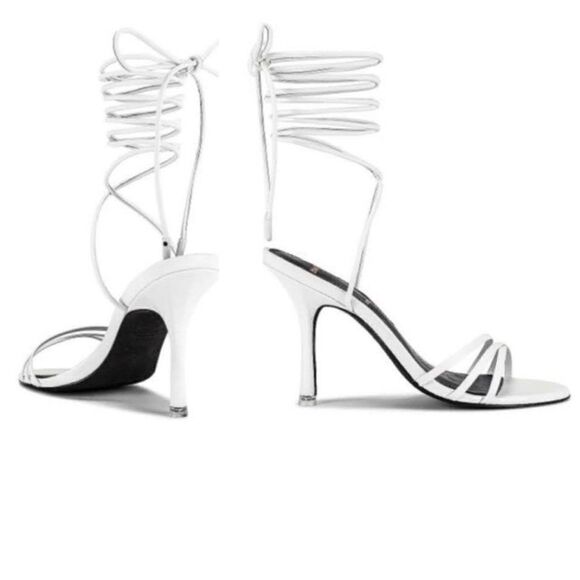 Black Suede Studio Leandra Ankle Strap Heels Sz 39EU /US9 White Leather Open Toe - Picture 1 of 12